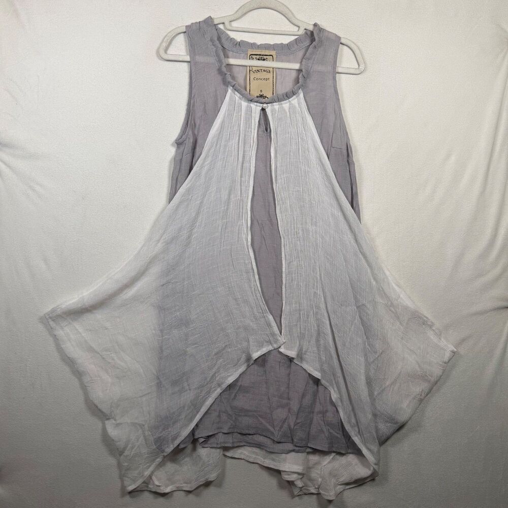 Lagenlook Gauzy Layered Tunic Dress Small Boho Asymmetrical Sheer Overlay Gray